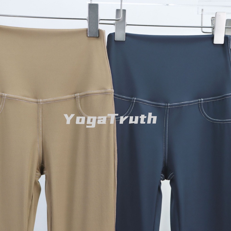 Quần Denim Ống Loe Lưng Cao Phối Túi Thời Trang Tập Yoga Cho Nữ
