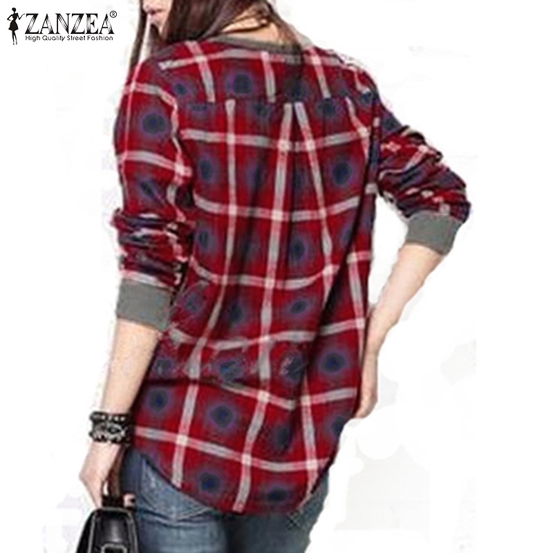 Zanzea Áo Nỉ Nữ Dài Tay Cổ Tròn Ca Rô Thời Trang Hàn