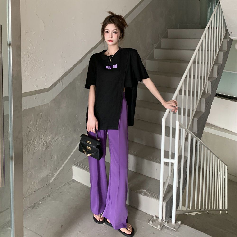 Set Áo Thun Đen Ngắn Tay Và Quần Dài Lưng Cao Xẻ Tà Phong Cách Hàn Quốc Thời Trang Mùa Hè Cho Nữ133248