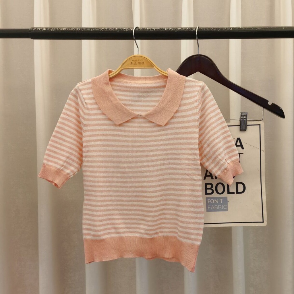 Áo Thun Tay Ngắn Cổ Búp Bê Họa Tiết Kẻ Sọc Thời Trang Mùa Hè Phong Cách Hàn Quốc Cho Nữ