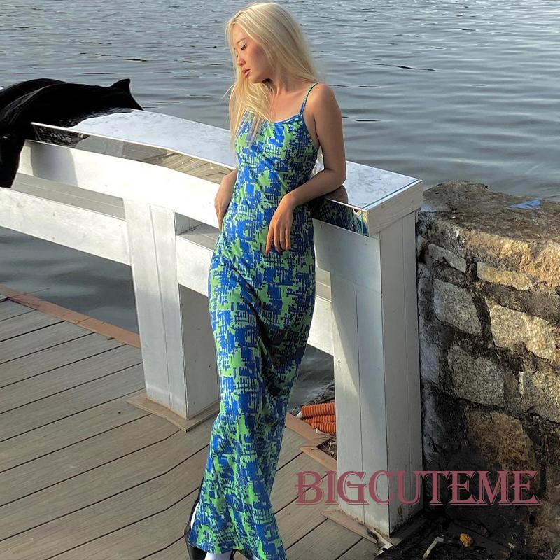 Đầm Hai Dây Dáng Dài Xẻ Tà Màu Sắc Tương Phản Thời Trang Mùa Hè Cho Nữ