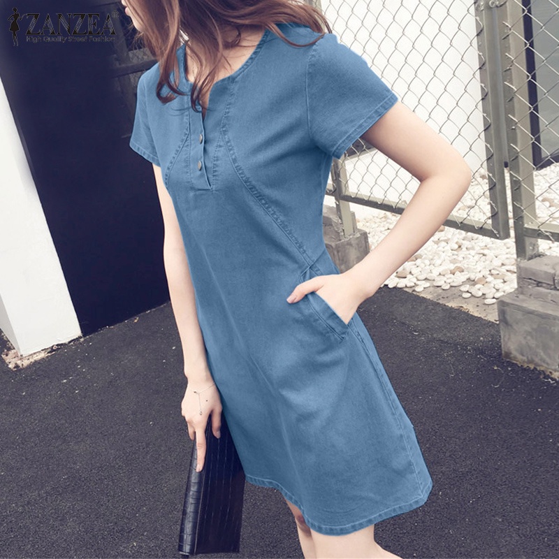 Đầm denim ZANZEA ngắn tay thời trang Hàn Quốc cho nữ
