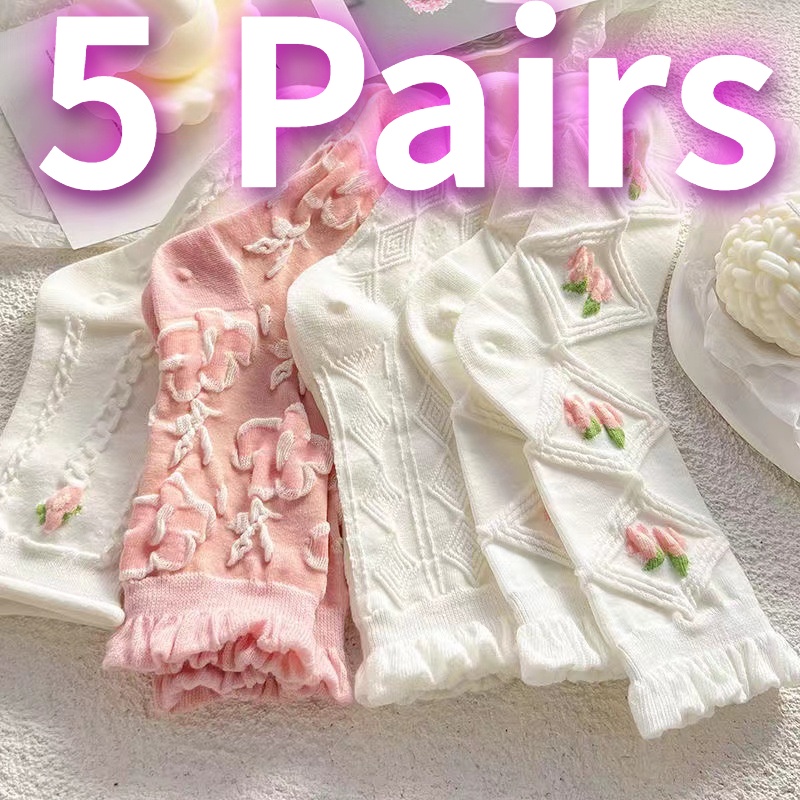Bộ 5 Đôi Tất Cotton Phối Ren Xinh Xắn Theo Phong Cách Lolita Dành Cho Nữ