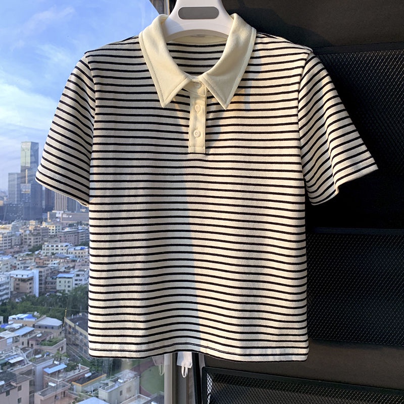 COZOKC Áo polo Tay Ngắn Dáng Ôm Kẻ Sọc Kiểu Vintage Cá Tính