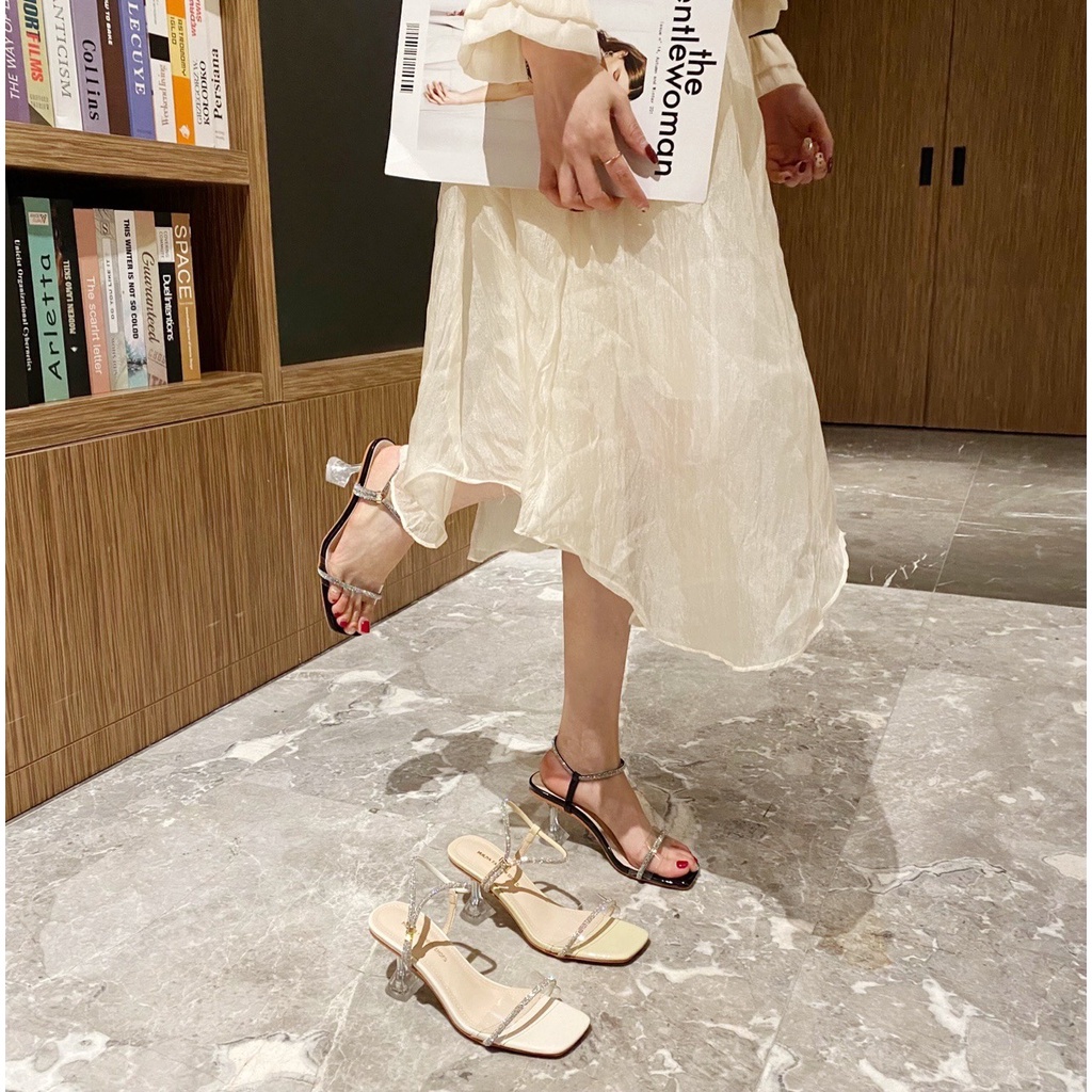 Sandal cao gót sandanl dép nữ quai xoàn gót Meka ly 7p giày cao gót mũi vuông quai đính đá T39