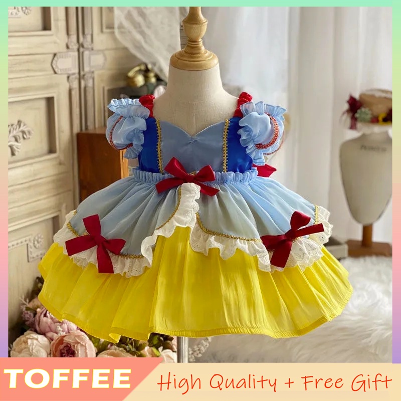 Đầm Công Chúa Bạch Tuyết Tay Ngắn Phối Lưới Đính Nơ Thời Trang Mùa Halloween Cho Bé Gái