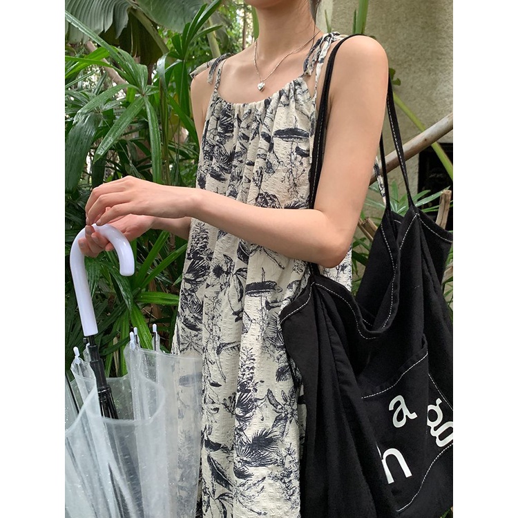 Jiashucheng Niche Đầm Hai Dây Dài Đến Giữa Bắp Chân Dáng Rộng In Mực Retro Cho Nữ