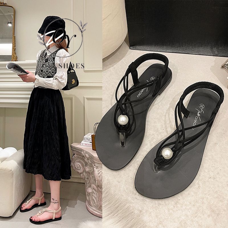Dép Sandal Đế Bằng Quai Đính Đá Ngọc Trai Thời Trang Mùa Hè 2023 Cho Nữ