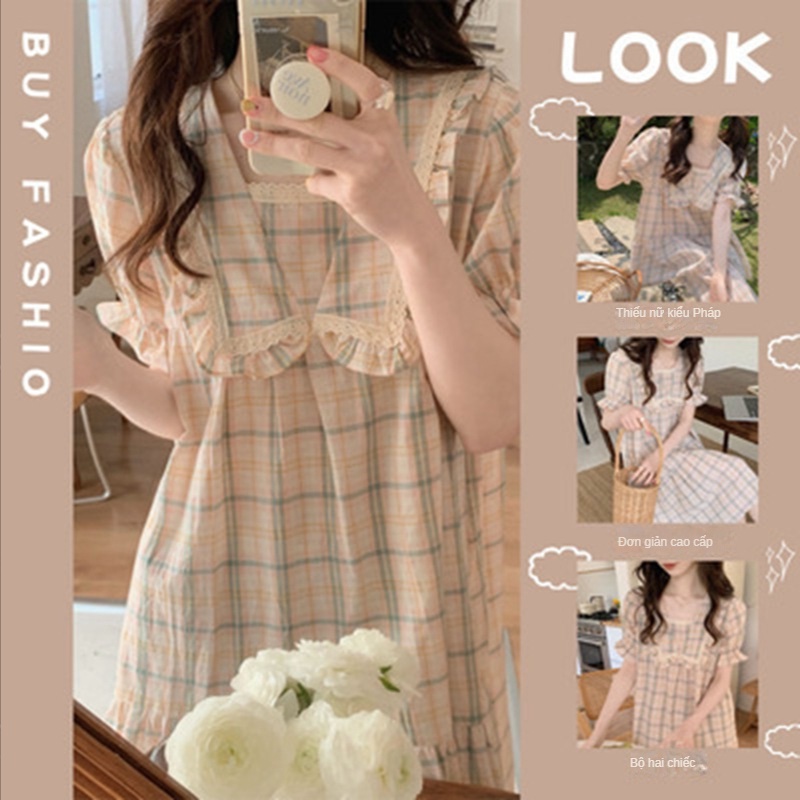 Đầm Ngủ Cotton Tay Ngắn Phối Ren Phong Cách Công Chúa Pháp Ngọt Ngào Cho Nữ La230