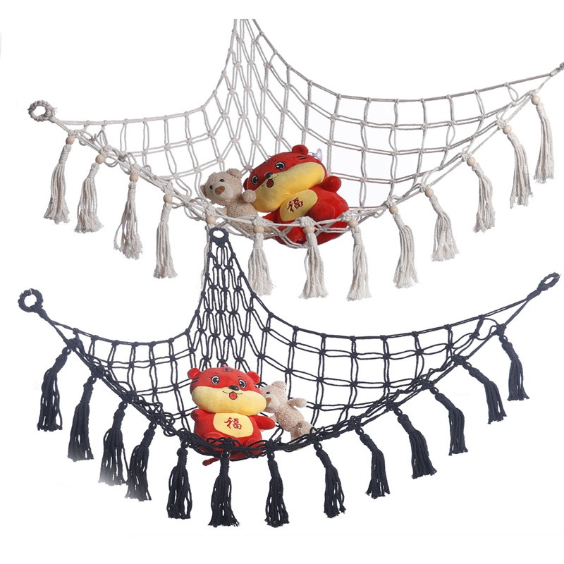 Võng Lưới Đựng Đồ Chơi Treo Tường Hình Tam Giác Bằng Dây Cotton Dệt Tay Phối Ren Xinh Xắn Cho Bé