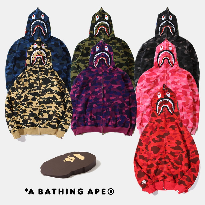 A Bathing Ape Áo Khoác Hoodie Unisex Thêu Họa Tiết Rằn Ri / Cá Mập Nhiều Màu Phong Cách Đường Phố Cổ Điển