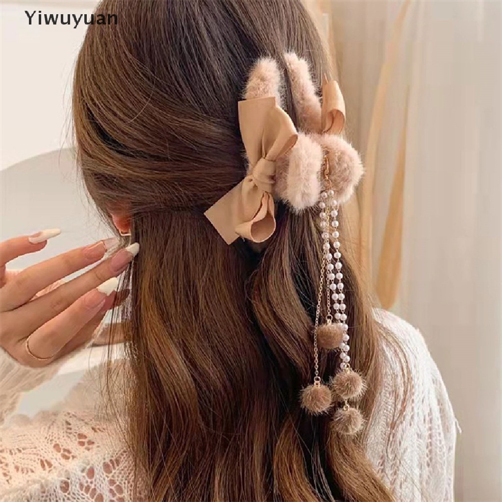 < Yiwuyuan > Kẹp Tóc Đính Nơ Lông Nhung Mềm Mại Thời Trang Thanh Lịch Dành Cho Nữ
