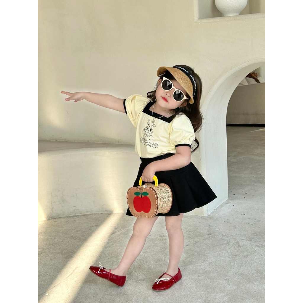 SET Áo Thun Cổ Vuông In Họa Tiết Dễ Thương Phối Chân Váy Xếp Ly Thời Trang Mùa Hè 2023 Cho Bé Gái
