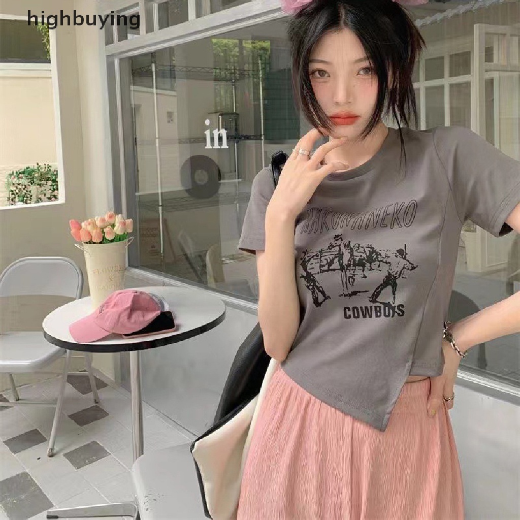 Áo Thun Lửng Ngắn Tay Cổ Tròn In Họa Tiết Retro Thời Trang Cho Nữ