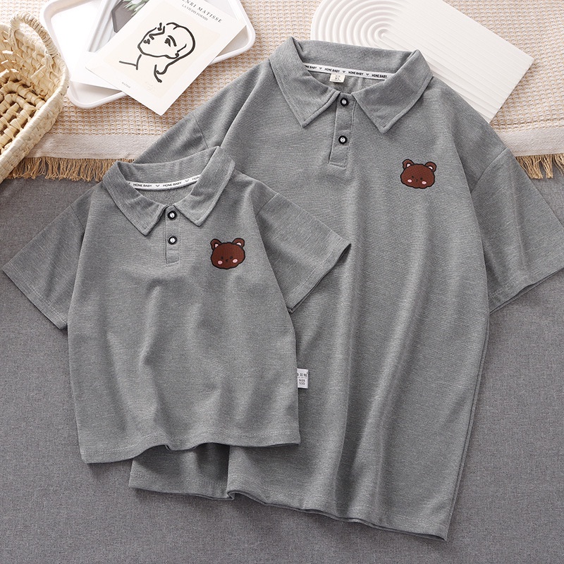 80-2xl Áo Sơ Mi POLO Gấu Cha Mẹ-Con Áo Sơ Mi POLO Mùa Hè Áo Thun Tay Ngắn Bé Trai Bé Gái Màu Trơn Phong Cách Phương Tây Thể Thao Thông Thường
