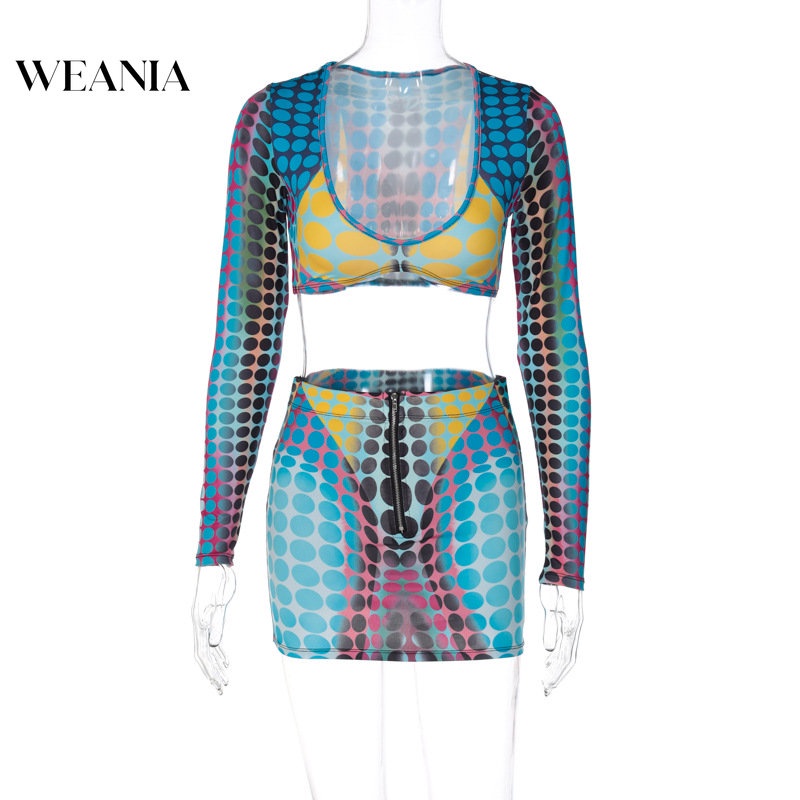 Bộ Áo Croptop Dài Tay Cổ Chữ U In Họa Tiết 3d + Chân Váy Ôm Dáng Gợi Cảm Dành Cho