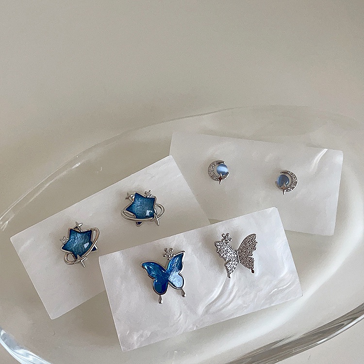 Bông Tai Mạ Bạc 925 Hình Ngôi Sao Năm Cánh Đính Đá Zircon Xanh Dương Phong Cách Hàn Quốc