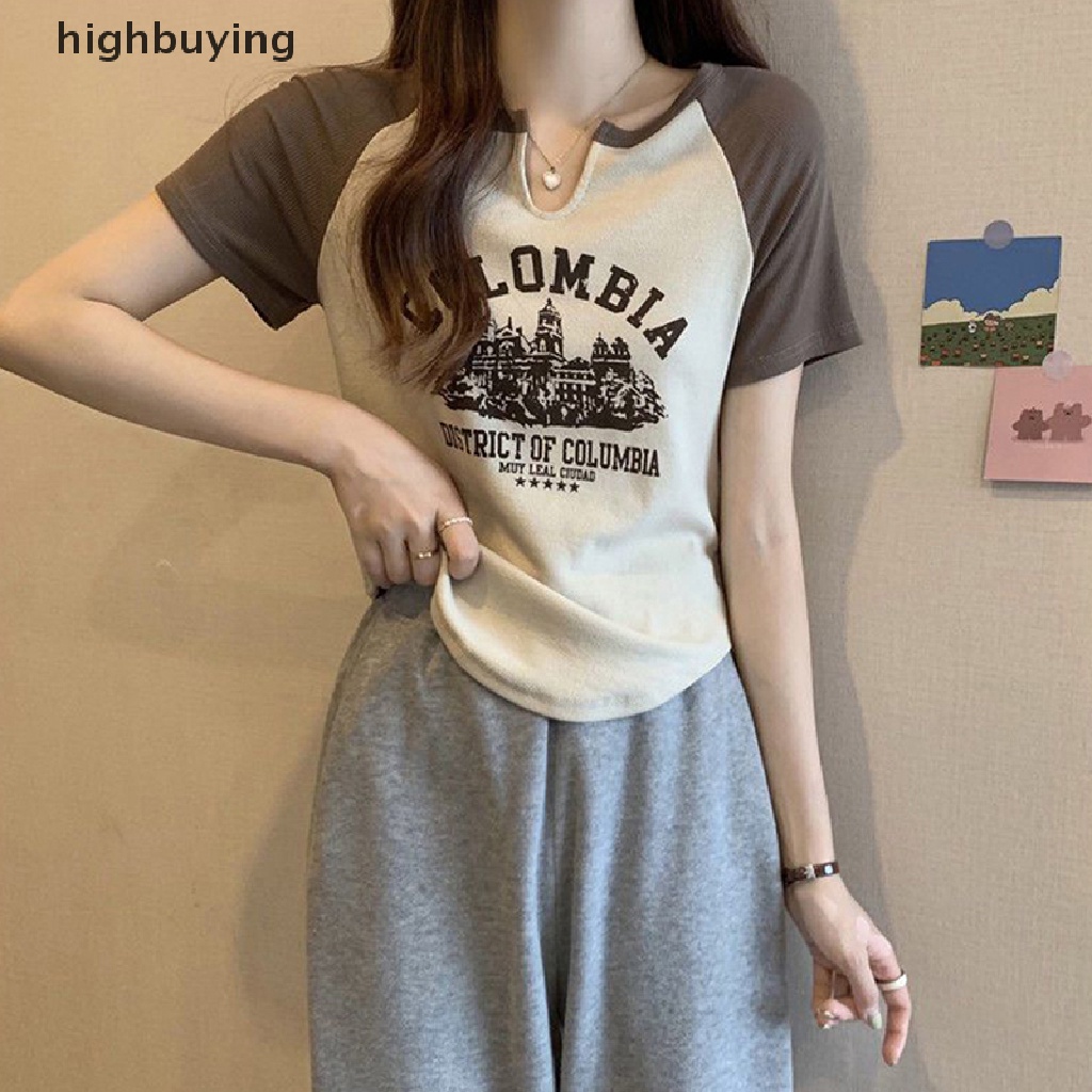 Áo Thun Lửng Ngắn Tay Cổ Chữ V In Họa Tiết Retro Cho Nữ