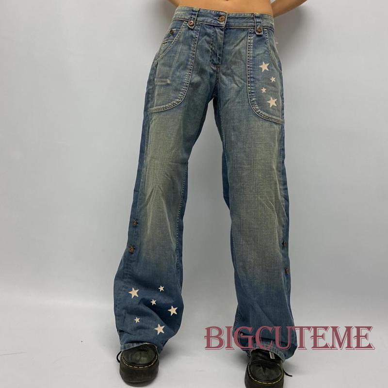 Quần Jean Dài Eo Thấp Dáng Rộng In Hình Ngôi Sao Kiểu Retro Thời Trang Xuân Thu Cho Nữ