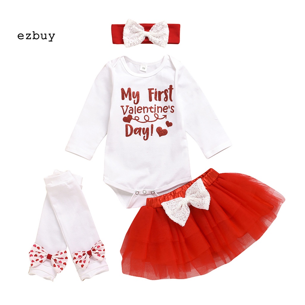 Bộ 4 Món Áo Liền Quần Tay Dài + Chân Váy + Băng Đô Mềm Mại Thời Trang Giữ Ấm Cho Bé Ngày Valentines