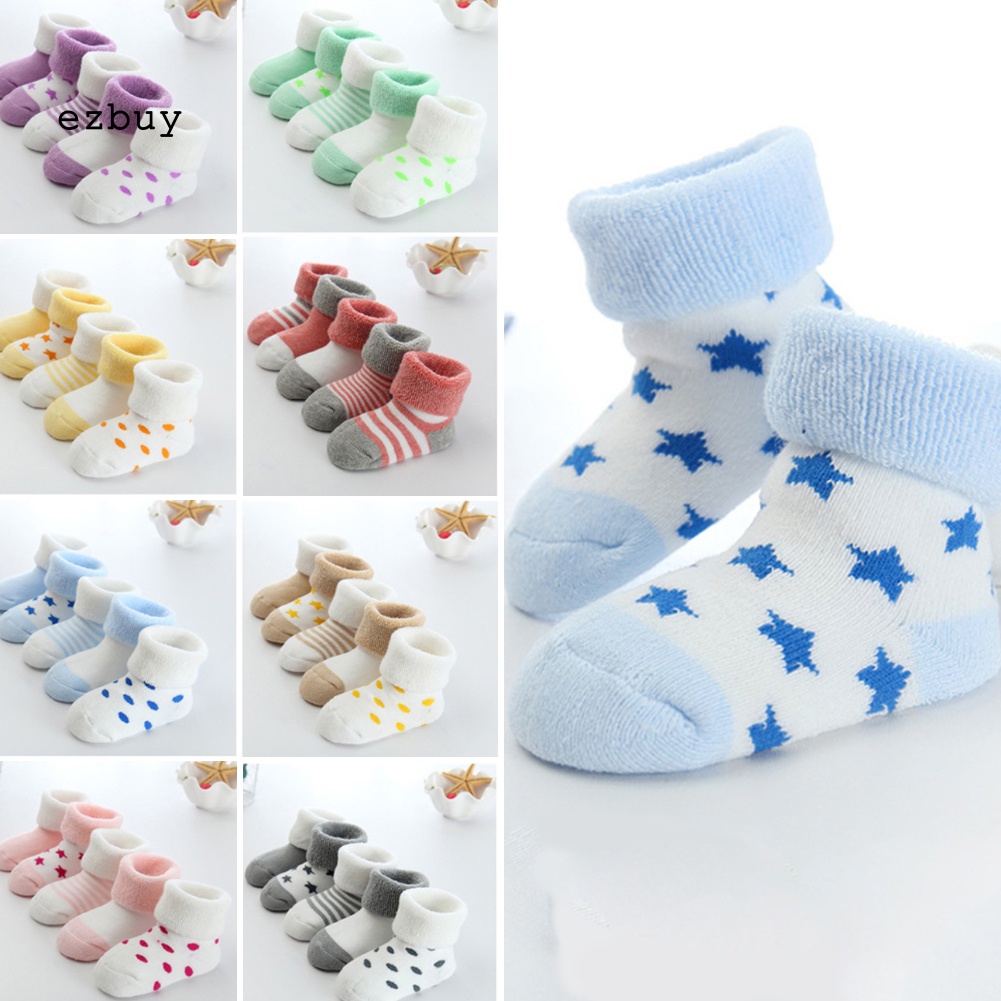 Set 5 Đôi Tất Dày Giữ Ấm Mùa Đông Chống Trượt In Họa Tiết Chấm Bi / Ngôi Sao Cho Bé