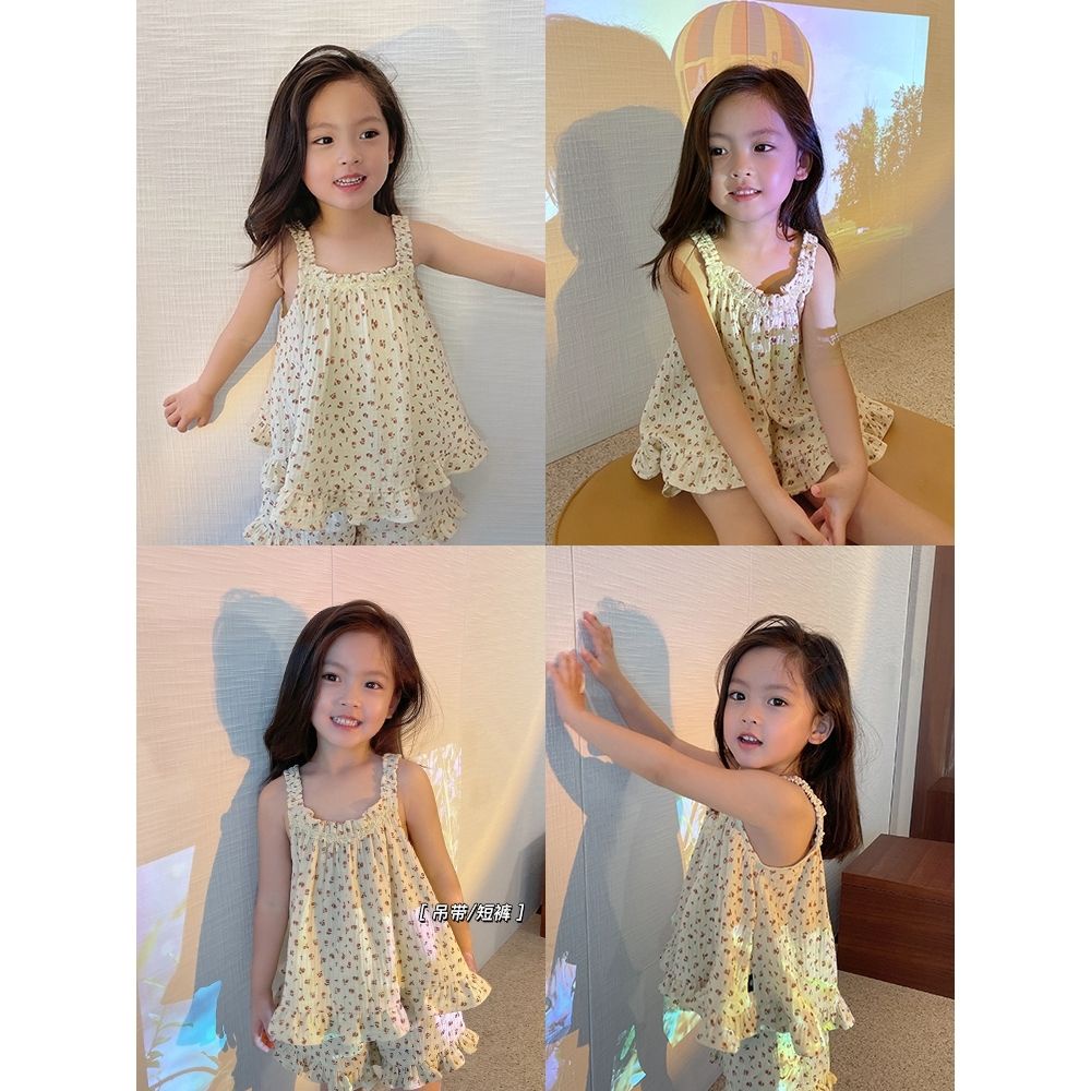 Bộ Đồ Ngủ Áo Tay Ngắn Phối Váy Yếm Ngắn Mỏng Thời Trang Mùa Hè Dễ Thương Cho Bé Gái