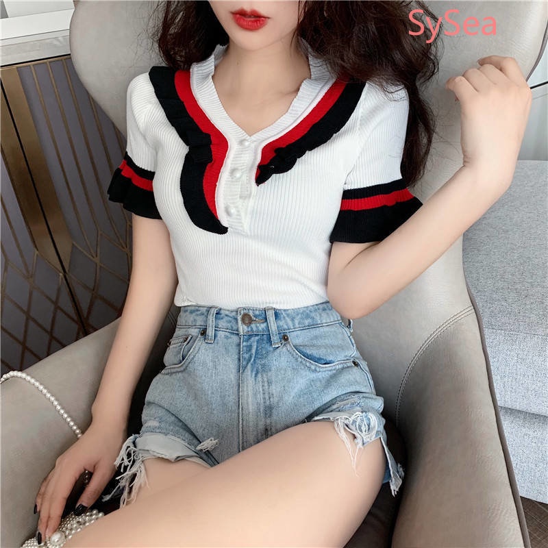 Áo Dệt Kim Cổ Chữ V Phối Bèo Thời Trang Mùa Hè Phong Cách Retro Cho Nữ