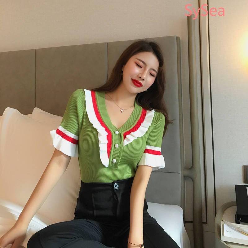 Áo Dệt Kim Cổ Chữ V Phối Bèo Thời Trang Mùa Hè Phong Cách Retro Cho Nữ