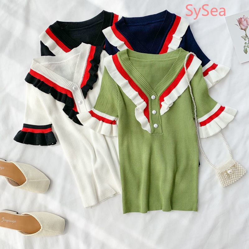 Áo Dệt Kim Cổ Chữ V Phối Bèo Thời Trang Mùa Hè Phong Cách Retro Cho Nữ