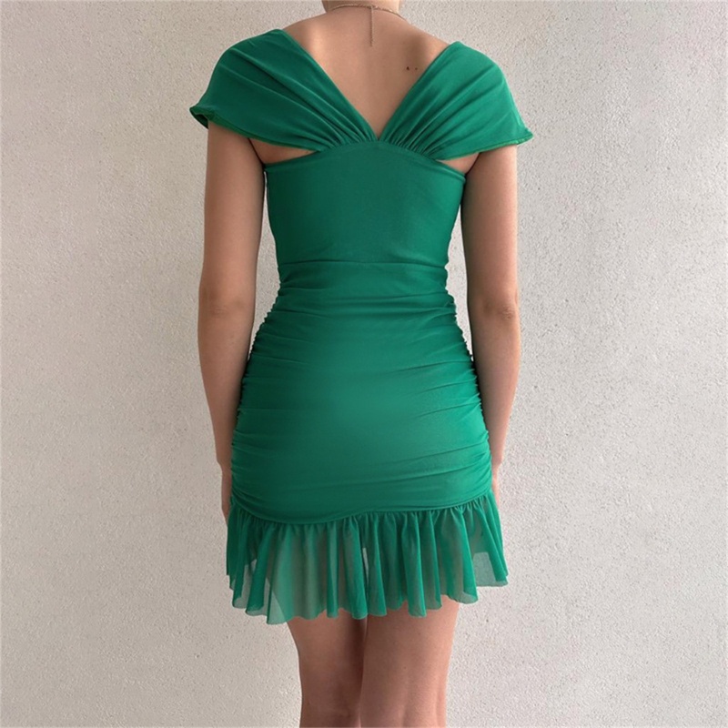 Đầm Mini Ngắn Tay Cổ Chữ V Phối Lưới Thời Trang Cho Nữ