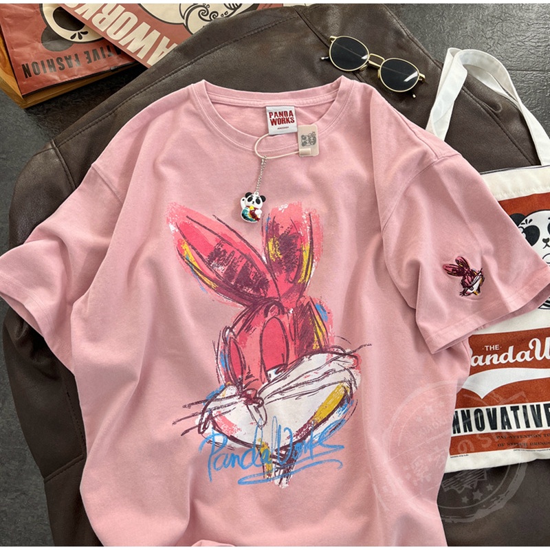 Áo Thun Cotton Tay Ngắn Cổ Tròn In Hình Thỏ Hoạt Hình Dành Cho Nữ