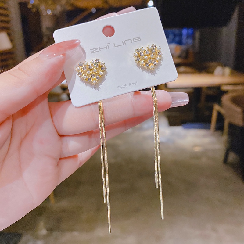 Bông Tai Mạ Bạc 925 Dáng Dài Đính Ngọc Trai / Trái Tim Xinh Xắn