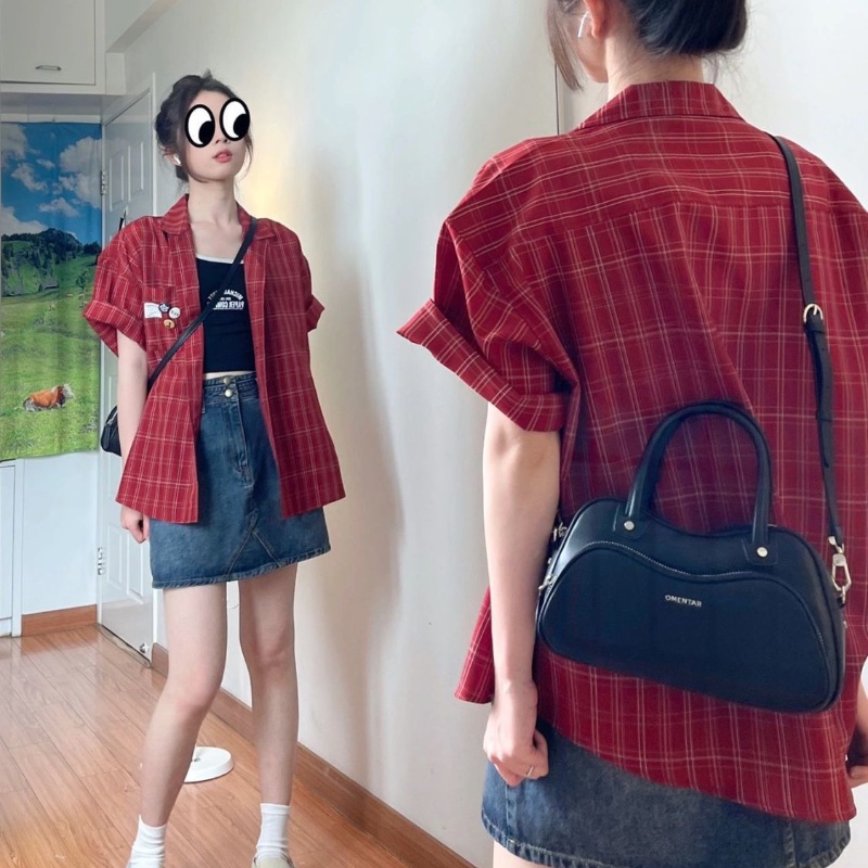 COZOK Áo Sơ Mi Tay Ngắn Dáng Rộng Họa Tiết Sọc Caro Phong Cách Vintage