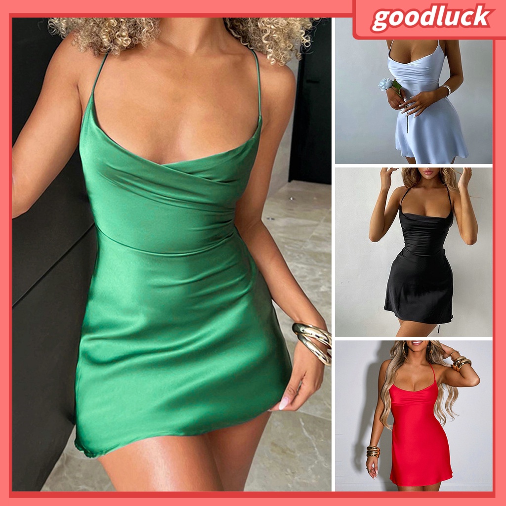 [ULK] Đầm Mini Hai Dây Hở Lưng Cổ Khoét Sâu Vải Satin Màu Trơn Thời Trang Đi Biển Dành Cho Nữ