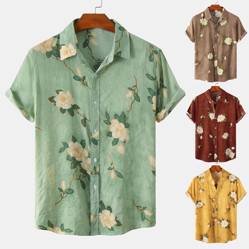 Áo Sơ Mi Nam Tay Ngắn Có Nút Gài In Hoa Phong Cách Hawaiian Plus Size Màu Xanh Lá / Nâu / Vàng / Đỏ