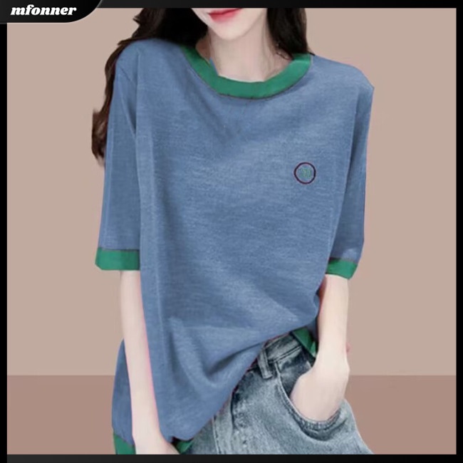 Áo Thun Mỏng Tay Ngắn Cổ Tròn Dáng Rộng Phối Màu Tương Phản Thời Trang Mùa Hè Cho Nữ