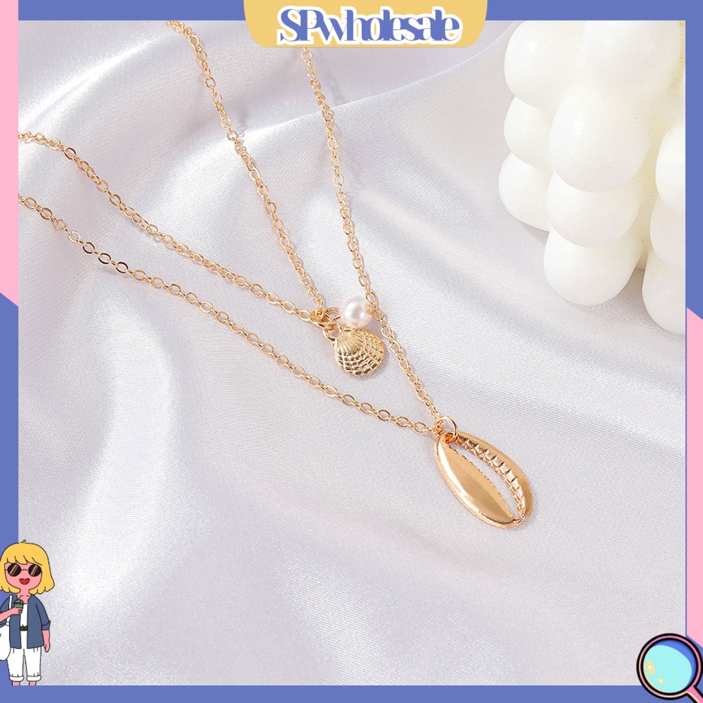 &lt;SPwholesale&gt; Vòng Cổ Choker Hai Lớp Đính Hạt Ngọc Trai Và Vỏ Sò Nhân Tạo Bằng Hợp Kim Cho Nữ