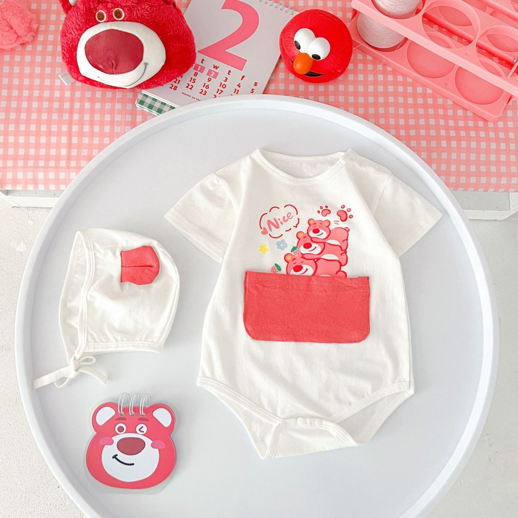 Bộ Áo Liền Quần Tam Giác Tay Ngắn Vải Cotton Mềm Thoáng Khí In Hình Quả Việt Quất / Gấu Dễ Thương Thời Trang Mùa Hè Cho Bé Gái 0-2 Tuổi