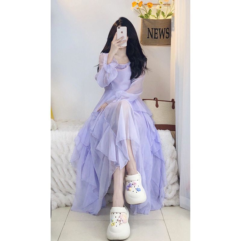 Đầm Maxi Màu Tím Phong Cách Vintage Thời Trang Cho Nữ