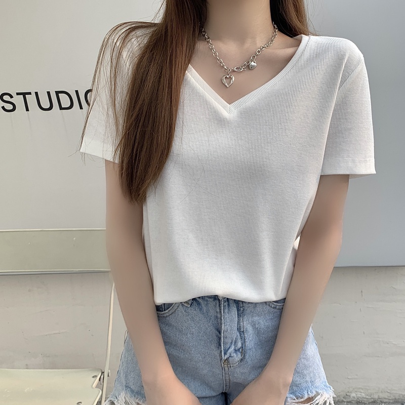 Áo Thun Tay Ngắn Cổ Chữ V Form Rộng Thiết Kế Đơn Giản Cho Nữ