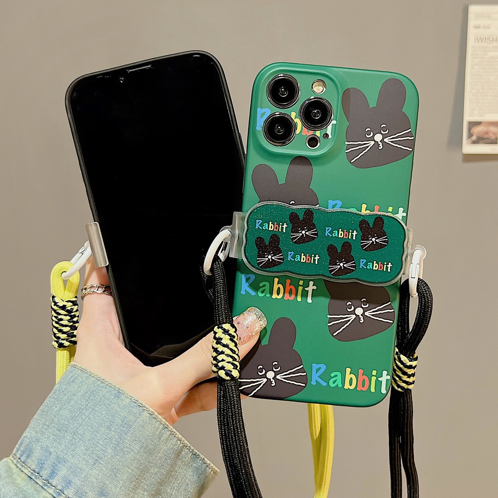 Ốp Điện Thoại TPU Dẻo Họa Tiết Chú Thỏ Đen Kèm Kẹp Chống Rơi Cho iphone 12 14 13 11 Pro Max