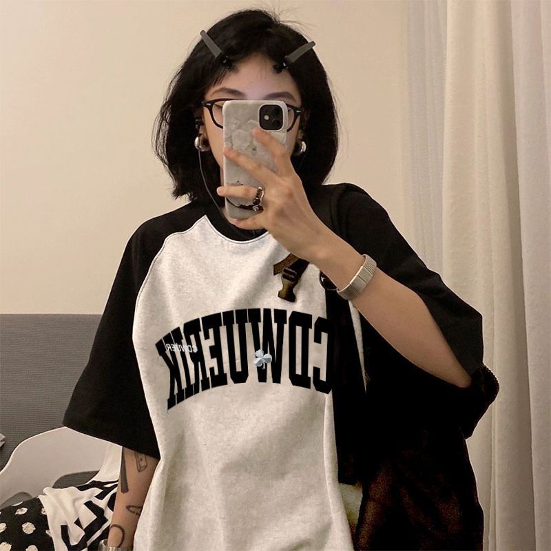 Áo Thun Raglan Tay Ngắn Màu Sắc Tương Phản Phong Cách Hong Kong Thời Trang Mùa Hè Cho Nữ