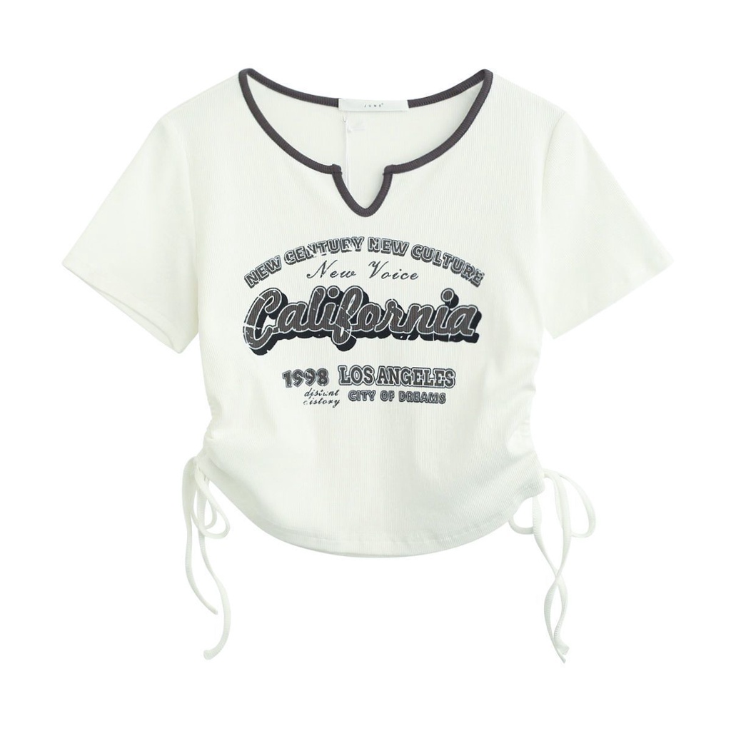 Áo Croptop Tay Ngắn Phối Dây Rút In Họa Tiết Phong Cách Retro Mỹ Thời Trang Mùa Hè Cho Nữ