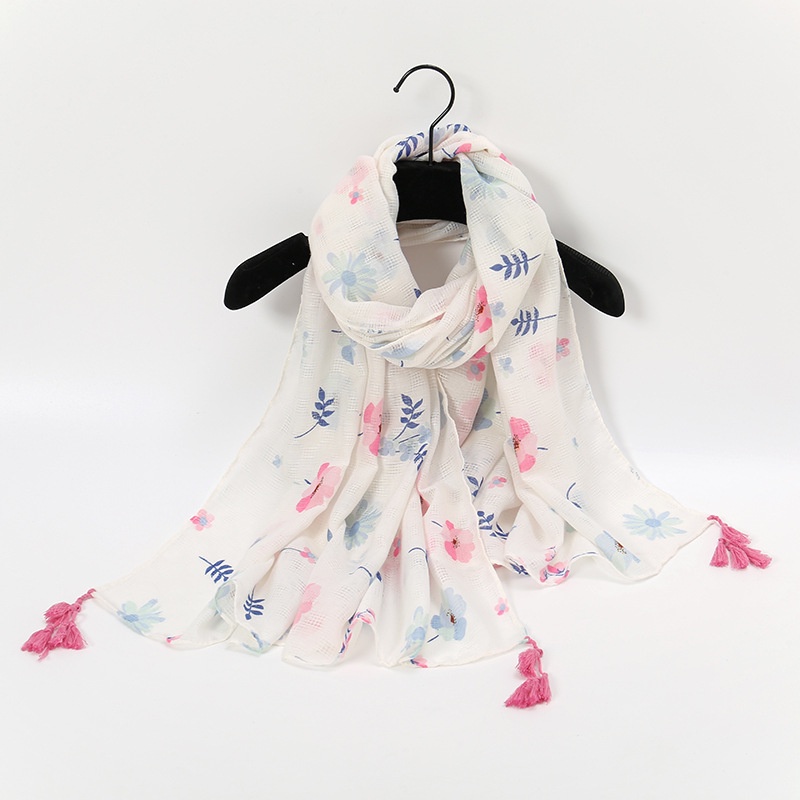 Khăn Choàng Cổ Chống Nắng 180-90cm In Họa Tiết Hoa Phối Tua Rua Thoáng Khí Xinh Xắn Cho Nữ