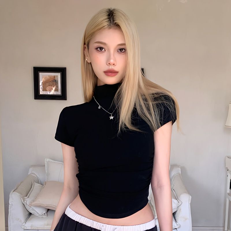 Áo thun COZOK dệt kim tay ngắn cổ cao đơn giản trẻ trung