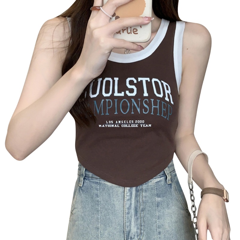 Áo Croptop Sát Nách Dáng Ôm In Chữ Màu Khối Kiểu Vintage Những Năm 90 Cho Nữ