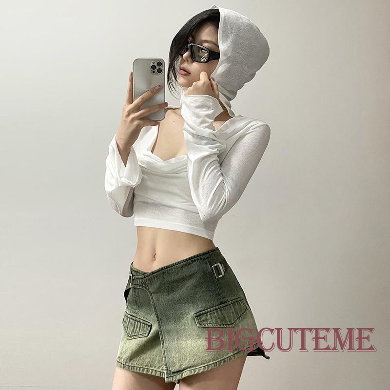 [] - Áo Sơ Mi Có Mũ Trùm Đầu Màu Trơn Ôm Dáng Vừa Vặn Tay Dài Đường Phố Câu Lạc Bộ Đường Phố Cho Nữ