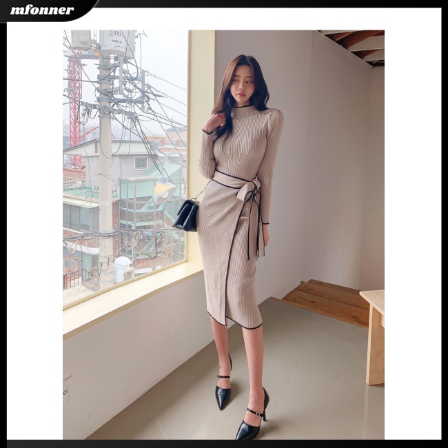 Đầm Dệt Kim Tay Dài Cổ Đứng Ôm Dáng Phối Dây Cột Thanh Lịch Cho Nữ