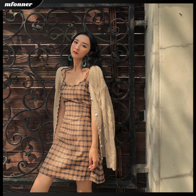 Đầm Hai Dây Dáng Chữ A Họa Tiết Sọc Caro Phong Cách Retro Thời Trang Mùa Hè Cho Nữ