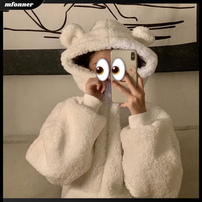 Áo Khoác Dài Tay Giữ Ấm Có Khóa Kéo Thiết Kế Tai Thỏ Dễ Thương Cho Nữ